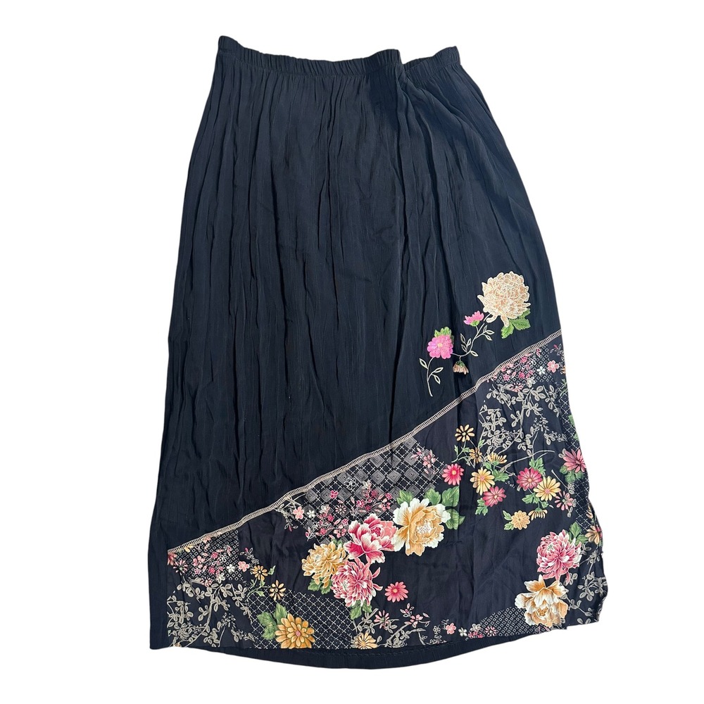 Hidden Dragon Black Floral Embroidered Crinkle Maxi Skirt Plus Size 1X Boho